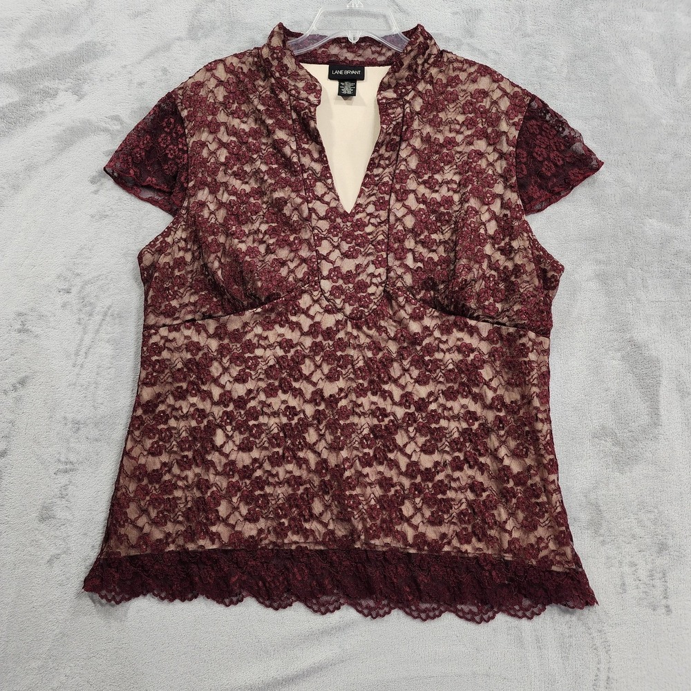 Lane Bryant Top Womens‎ 18/20 Red Floral Lace V-Neck Short Sleeve Lined Blouse